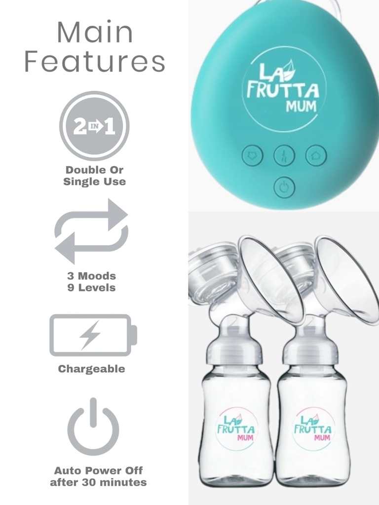La Frutta MUM Double Electric Breast Pump 150 ml*2 Bottles,  Portable Breast Pump, Pain Free, Breast Feeding Pump with  Memory Function, 3 Modes & 9 Levels Adjustment, Ultra-Quiet, Free milk bags are included.