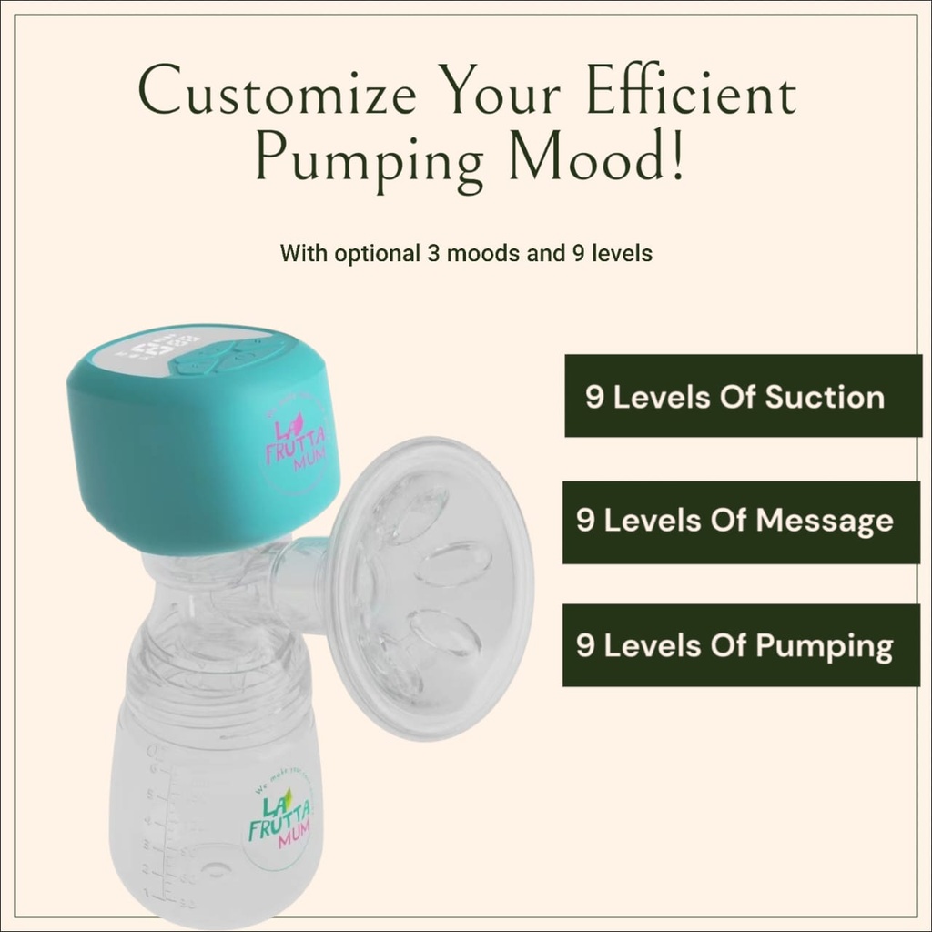 La Frutta MUM Electric Breast Pump, 180 ml bottle, Portable Anti-Backflow Breast Pumps, 3 Modes & 9 Levels LED Screen Display, USB Rechargeable, Ultra-Quiet and Pain Free, Free  milk storage bags are included.