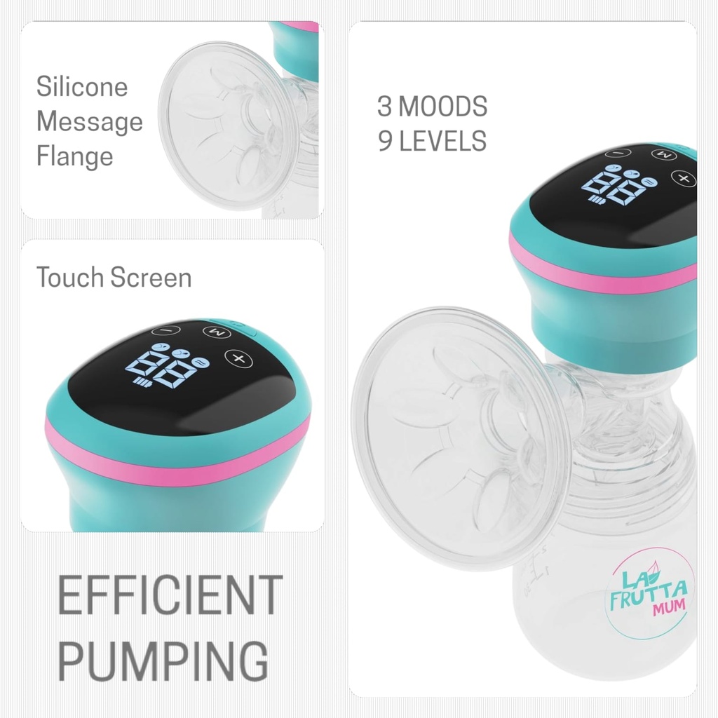 La Frutta MUM Electric Breast Pump 180 ml bottle, Portable Anti-Backflow Breast Pumps, 3 Modes & 9 Levels Touch Screen LED Display, USB Rechargeable, Ultra-Quiet and Pain Free, Free milk storage bags are included.
