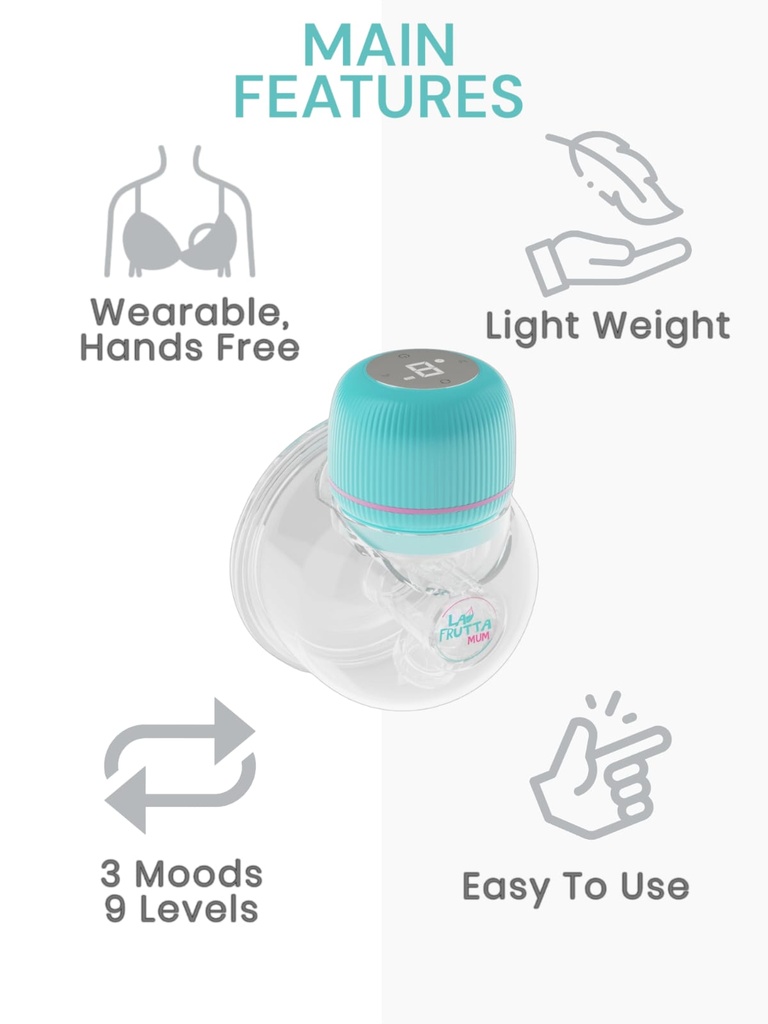 La Frutta MUM Hands-Free Breast Pump 210 ml cup ,Wearable Pump with Comfortable Flange, 3 Modes & 9 Levels, Electric Breast Pump Portable for Easy Pumping, Smart Display, Wireless,  Free milk storage bags are included.