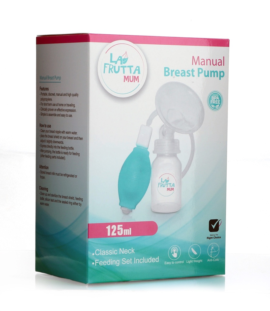 La Frutta MUM  Manual Breast Pump Milk Pump, Soft & Gentle, Manual, BPA Free, Classic baby bottle 150 ml, Silicone nipple, Free  milk storage bags are included.