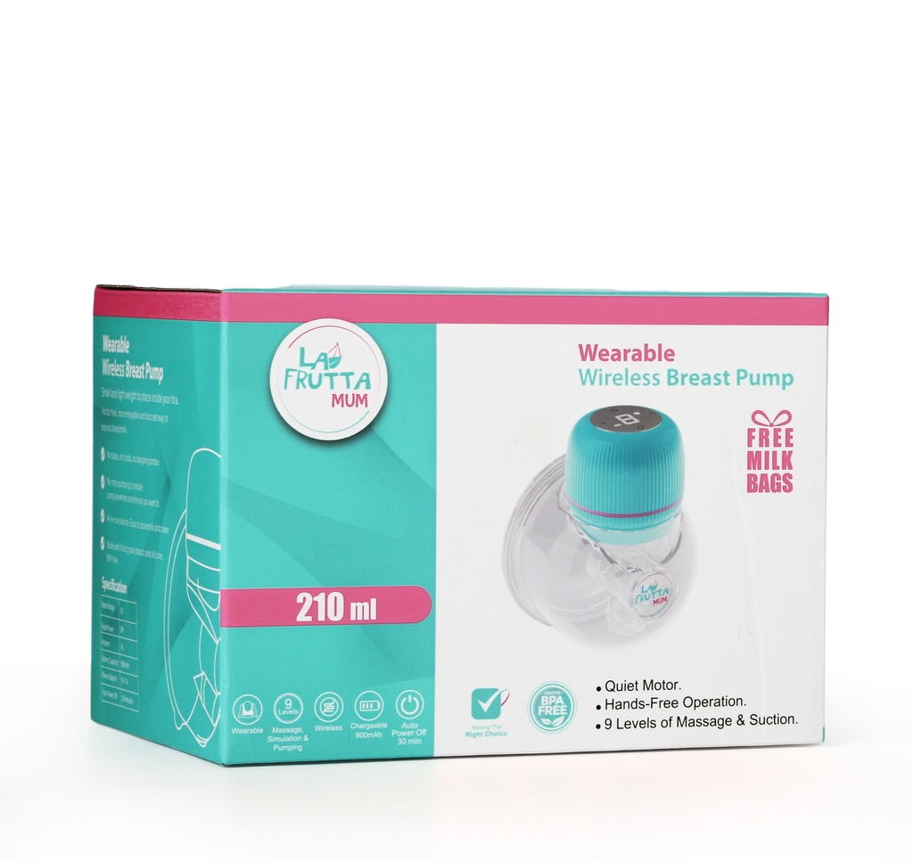 La Frutta MUM Hands-Free Breast Pump 210 ml cup ,Wearable Pump with Comfortable Flange, 4 Modes & 9 Levels, Electric Breast Pump Portable for Easy Pumping, Smart Display, Wireless,  Free milk storage bags are included.