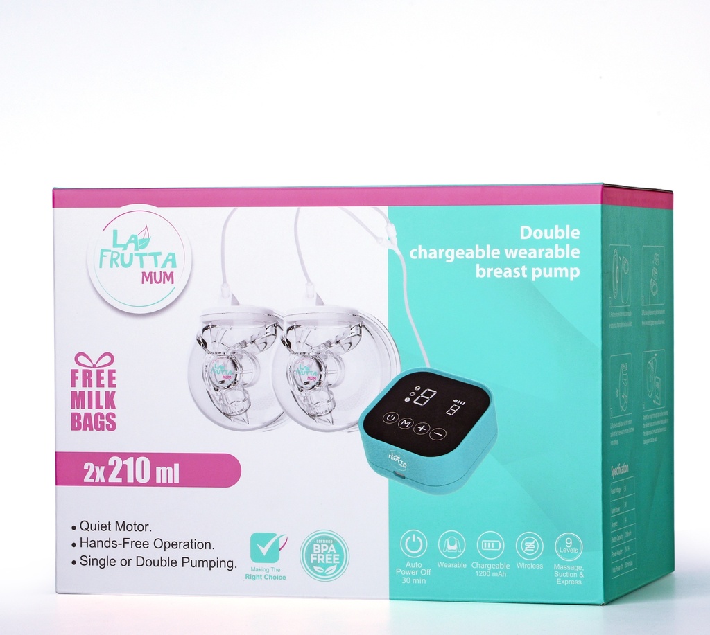 La Frutta MUM Double Hands-Free Breast Pump 210*2 ml cups, Wearable Pump with Comfortable Flange, 4 Modes & 9 Levels, Electric Breast Pump Portable for Easy Pumping, Smart Display, Wireless, Free milk storage bags are included.