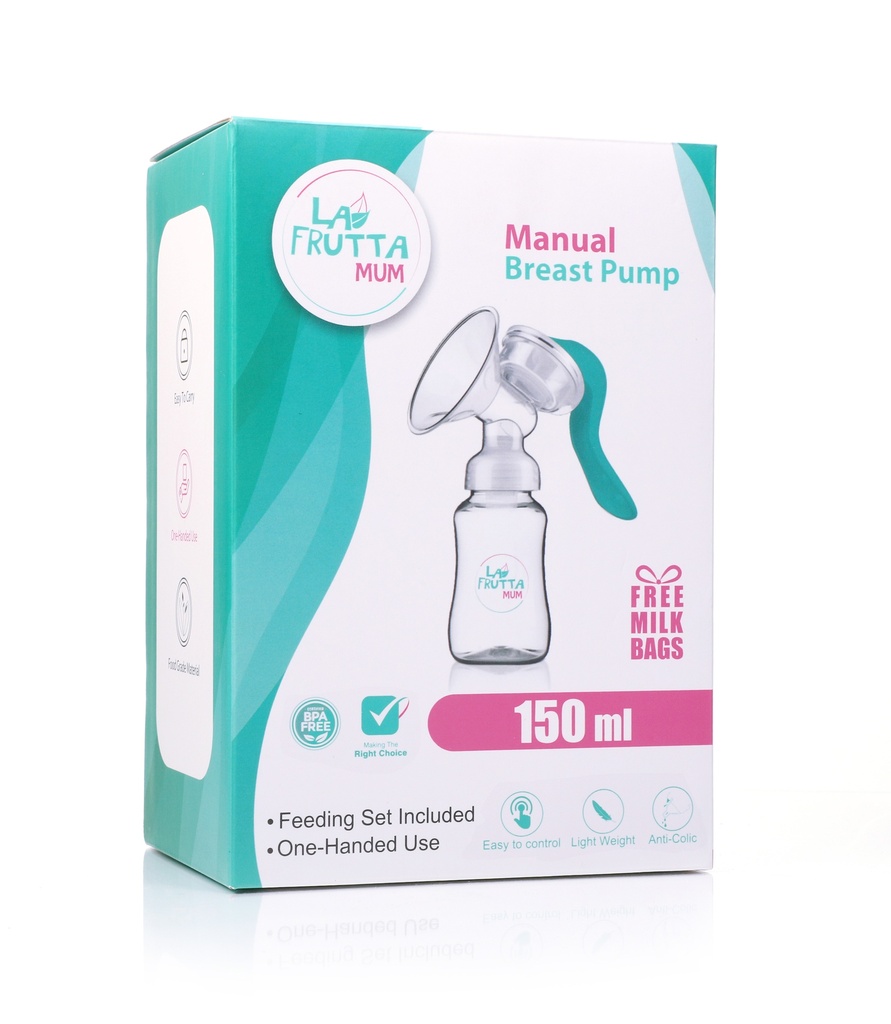 La Frutta MUM Manual Breast Pump Milk Pump, Soft & Gentle, Manual, BPA Free, Classic baby bottle 150 ml, Silicone nipple, Free  milk storage bags are included.