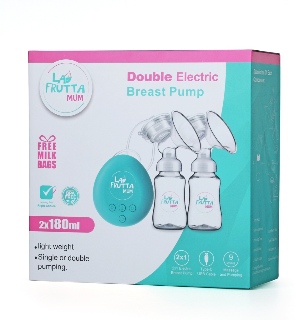 La Frutta MUM Double Electric Breast Pump 150 ml*2 Bottles,  Portable Breast Pump, Pain Free, Breast Feeding Pump with  Memory Function, 2 Modes & 9 Levels Adjustment, Ultra-Quiet, Free milk bags are included.