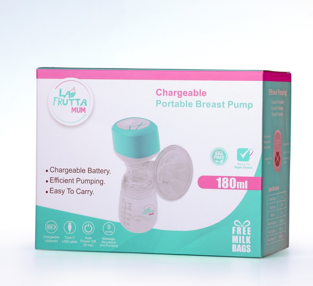 La Frutta MUM Electric Breast Pump, 180 ml bottle, Portable Anti-Backflow Breast Pumps, 3 Modes & 9 Levels LED Screen Display, USB Rechargeable, Ultra-Quiet and Pain Free, Free  milk storage bags are included.