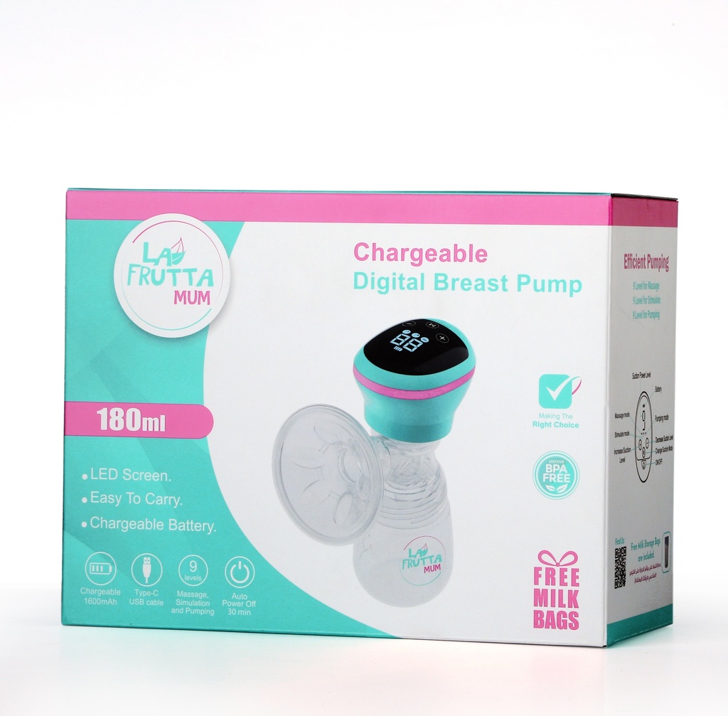 La Frutta MUM Electric Breast Pump 180 ml bottle, Portable Anti-Backflow Breast Pumps, 3 Modes & 9 Levels Touch Screen LED Display, USB Rechargeable, Ultra-Quiet and Pain Free, Free milk storage bags are included.