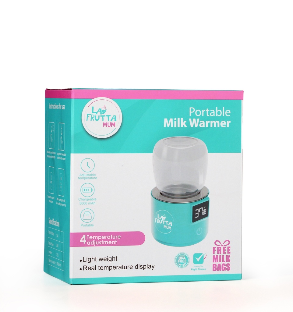 La Frutta MUM Portable Chargeable Milk Warmer, 180ml bottle, chargeable, Free milk storage bags are included.