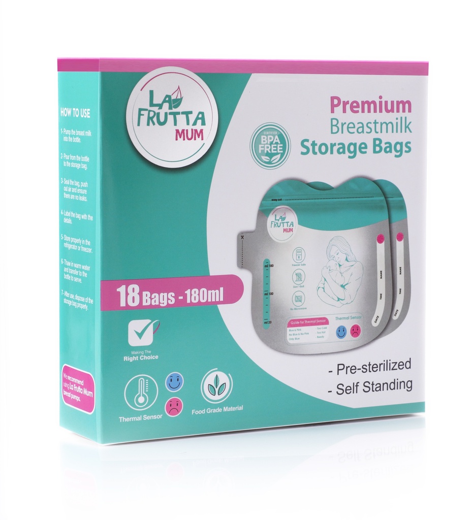 La Frutta MUM Milk Storage Bags 180ml 18Pcs, Pre-Sterilized, Leak proof, Freezer safe, Double zip lock.