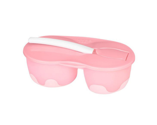 [6222027112175] Wee Baby Double bowl set + silicone spoon -Pink Color